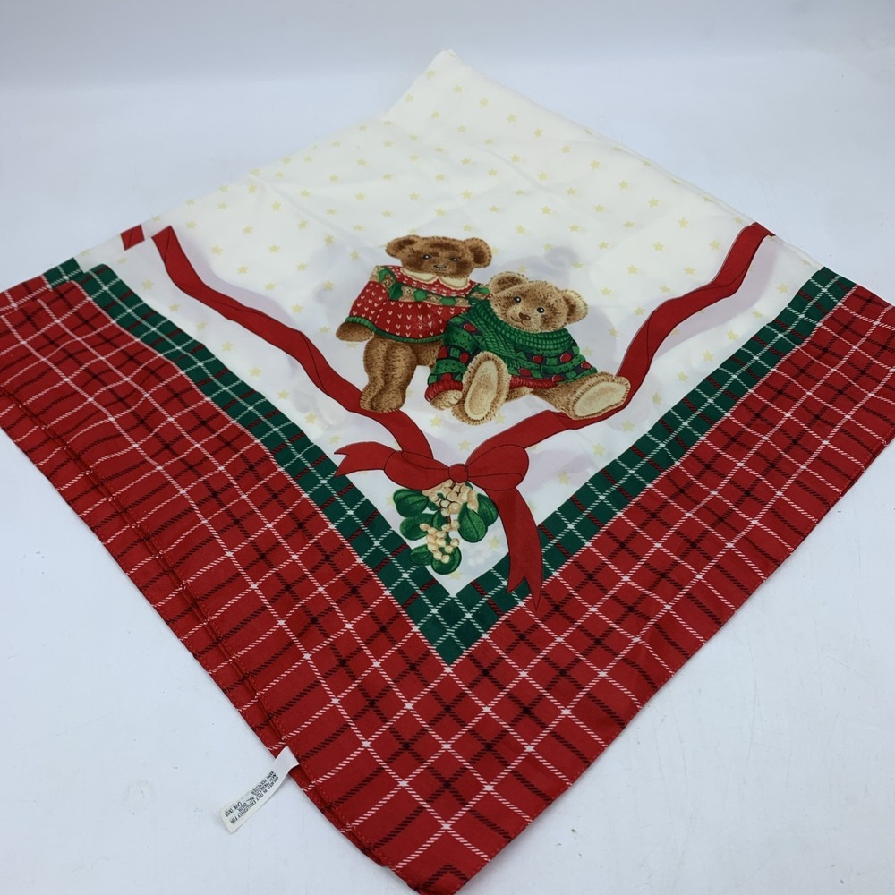 Vintage Avon Christmas Scarf Wrap Teddy Bears Mistletoe Tartan Plaid 34x34